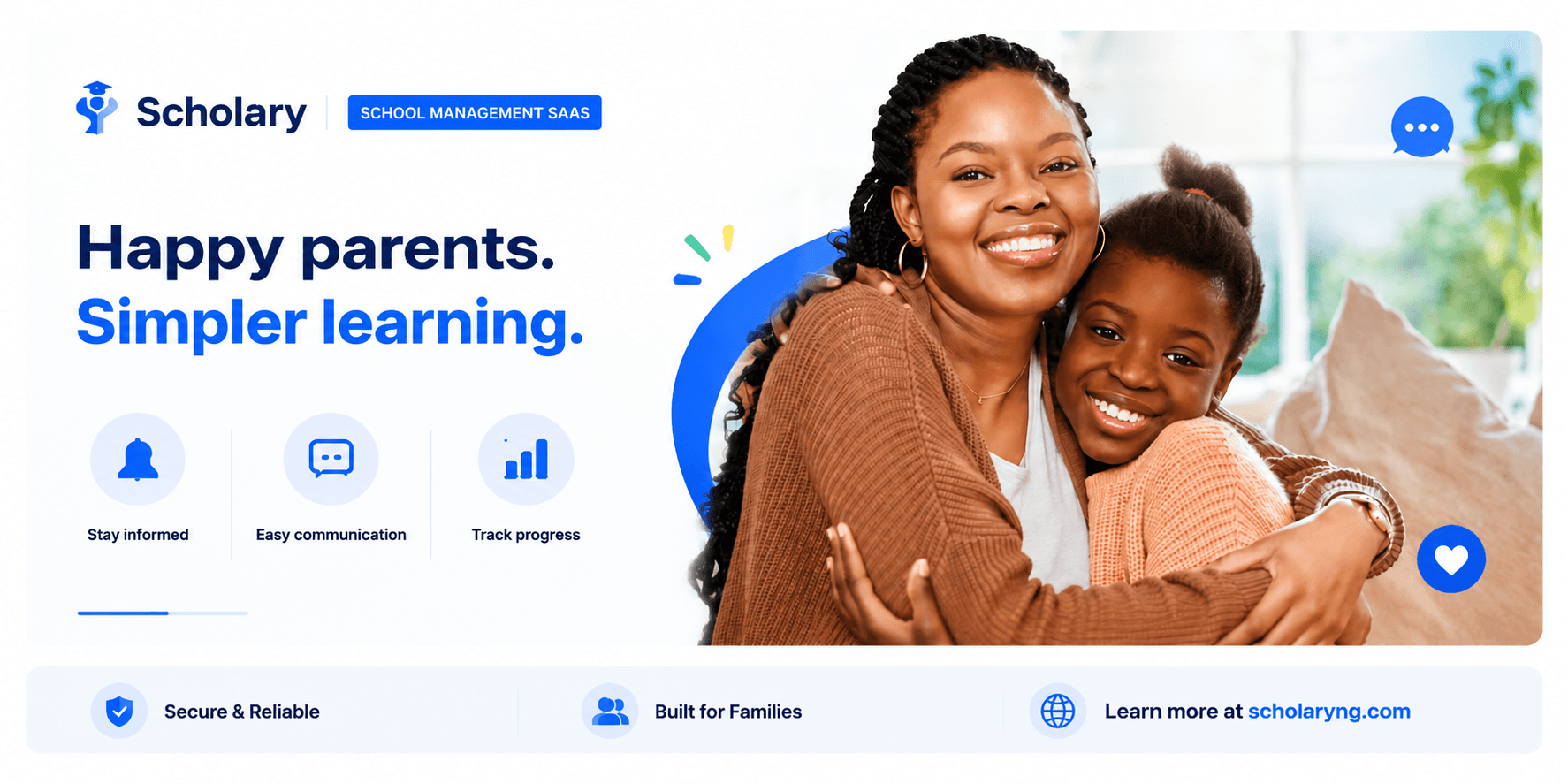 Happy parent and child showing parent communication, progress tracking, and reliable school updates