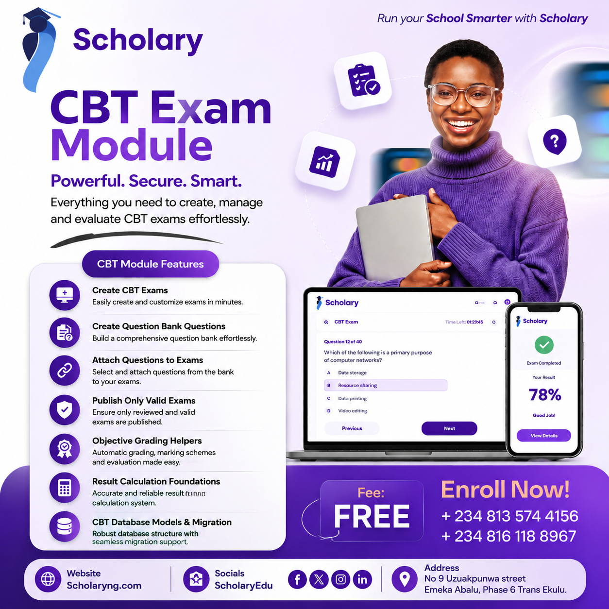 Scholary CBT exam module on laptop and mobile